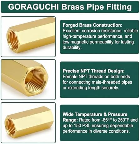 2PCS Brass Pipe Fitting, 1/2" NPT Female Nipple, 2" Length for water/oil/air/fuel