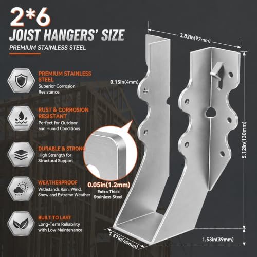 2x6 Stainless Steel Joist Hangers, 18 Gauge 2X6 Brackets (14 Pack)