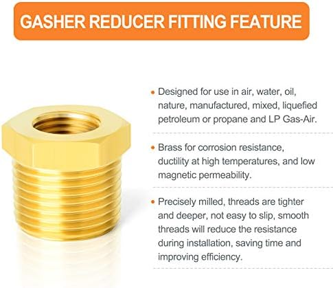 GASHER 12PCS Brass Hex Bushing Fitting Kit Hex Bushing 1/4" - 1/8", 3/8" - 1/8", 3/8" - 1/4", 1/2" - 1/4", 1/2" - 3/8", 3/4" - 1/2"