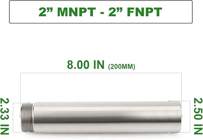 TAISHER 1PCS Stainless Steel Pipe Fittings, 2" NPT Male x 2" NPT Female Threaded, 8" Length Nipple Cast Pipe