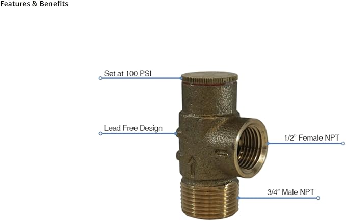Merrill MFG PRVNL75100 Lead-Free 3/4" Pressure Relief Valve - No Lead Brass, 100 PSI for Water Systems