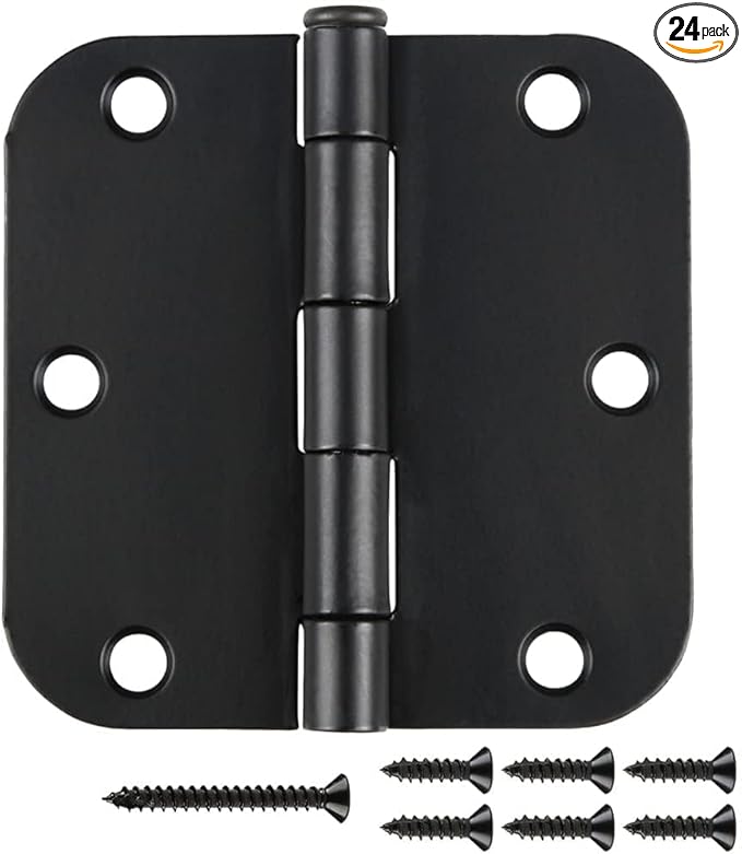 24 Pack Matte Black Door Hinges 3.5 x 3.5 Inch 5/8" Radius, Interior Heavy-Duty Rounded Hinge for Doors Standard Bedroom Office Door Hardware Removable Pin,RV,Garage,Storage Shed,Livestock Facilities