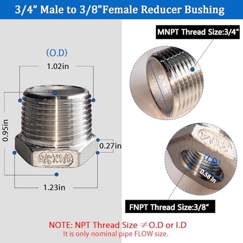 2 Pcs Stainless Steel Bushing 3/4" Male to 3/8" Female, 3/4" to 3/8" NPT Adapter Hex Stainless Steel Reducing Pipe Adapter Fitting Stainless Steel Fitting Pipe Hose Tube Adapter Convert