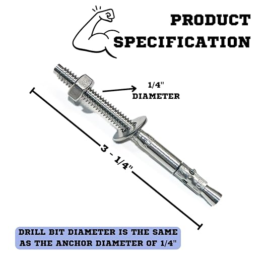 Wedge Anchors – Heavy-Duty 304 Stainless Steel Expansion Bolts for Concrete & Masonry, Rust-Resistant & Durable - 1/4" X 3-1/4" - 10 Pack