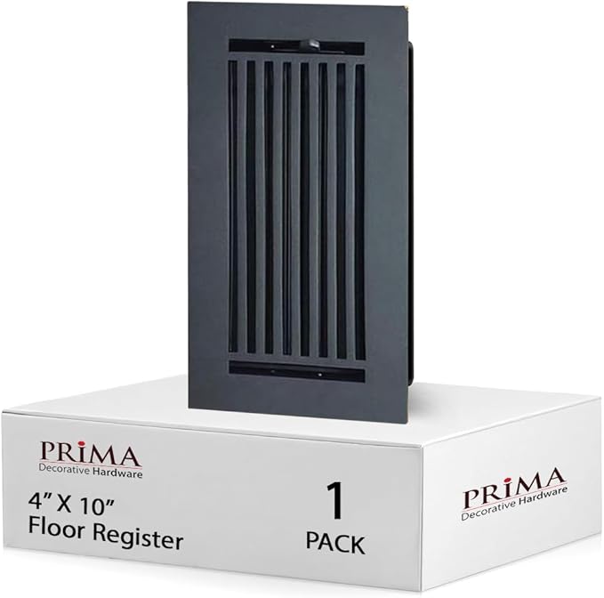 Prima Decorative Floor Register 4x10 – Cast Aluminum Heavy-Duty Air Vent Cover – Matte Black – Walkable Design with Easy-Adjust Louvers – 6x12 Faceplate, 5mm Thick – No Screw Holes