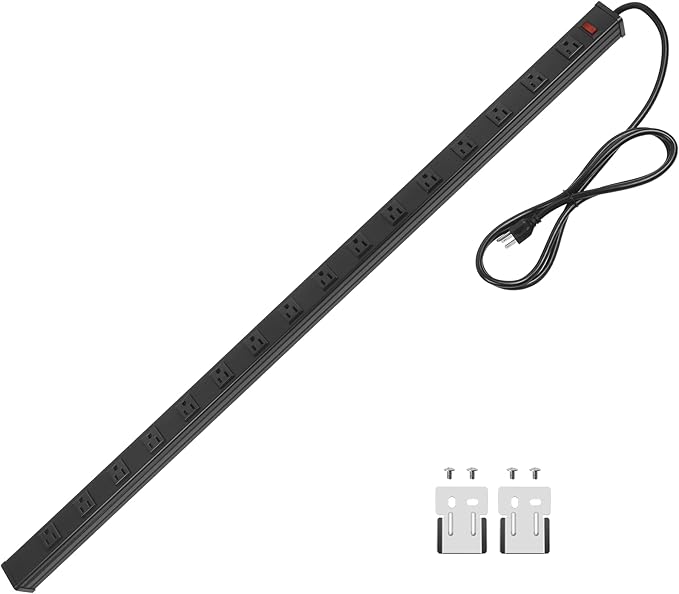 Long Heavy Duty Metal Power Strip - 16 Outlet Large Industrial Multi Wide Strip for Garage Workshop - 15 FT Cord, 15A, 125V, 1875W, Black