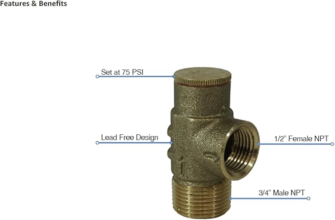 Merrill MFG PRVNL75 No Lead Brass Pressure Relief Valve 75 PSI, 3/4"