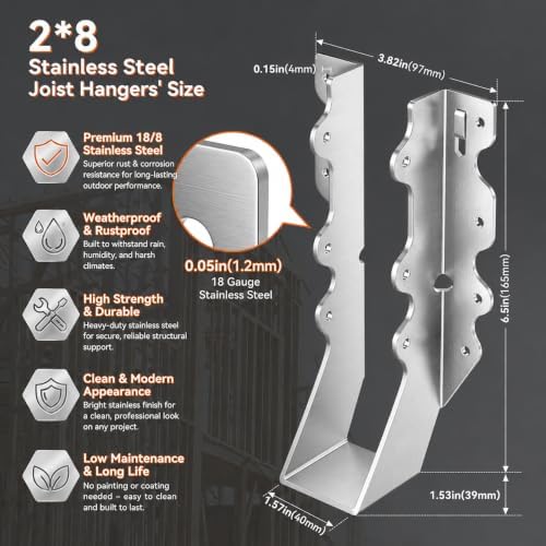 2x8 Joist Hangers Stainless Steel, 18 Gauge 2X8 Brackets (14 Pack)