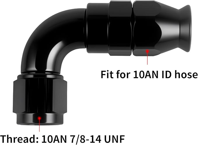 10AN PTFE One Piece Full Flow Hose End Fitting 90 Degree Swivel Only for PTFE Hose Aluminum Black 2PCS