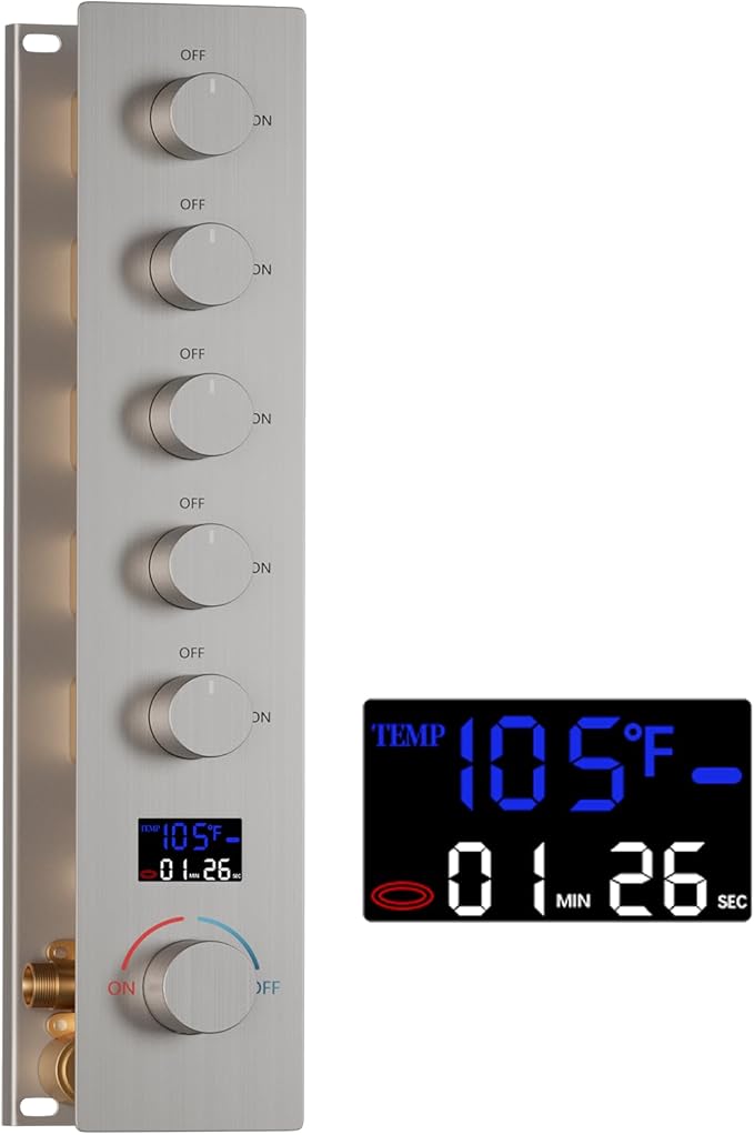 Solid Brass 5 Way Shower Diverter Valve with Temperature Display Shower Mixer Valve Bathroom Shower Diverter Replacement,Brushed Nickel
