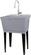 Laundry Sink Utility Tub With High Arc Stainless Steel Pull Down Faucet By JS Jackson Supplies, Heavy Duty Sinks With Installation Kit for Washing Room, Workshop, Basement, Garage, Slop Sink, Grey Tub