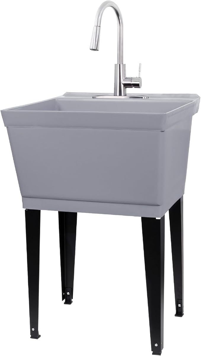 Laundry Sink Utility Tub With High Arc Stainless Steel Pull Down Faucet By JS Jackson Supplies, Heavy Duty Sinks With Installation Kit for Washing Room, Workshop, Basement, Garage, Slop Sink, Grey Tub