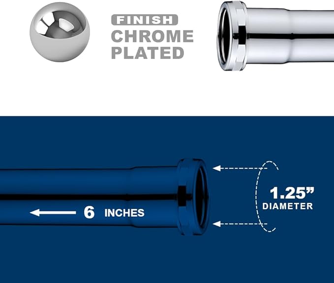 ZM 1-1/4 Inch Heavy Duty Extension Tube with Slip Joint Connection, 6 Inch Length, 22 Gauge, Brass Plumbing Fitting, Chrome