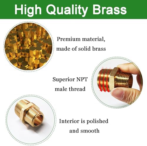 2pcs 1/2" NPT x 1/4" NPT Brass Nipple, 1/2 to 1/4 Adapter Fitting Reducing Solid Hex Brass Nipple, Brass 1/2 Male to 1/2 Male Reducer Brass Pipe Fittings for Extending and Connecting Pipes