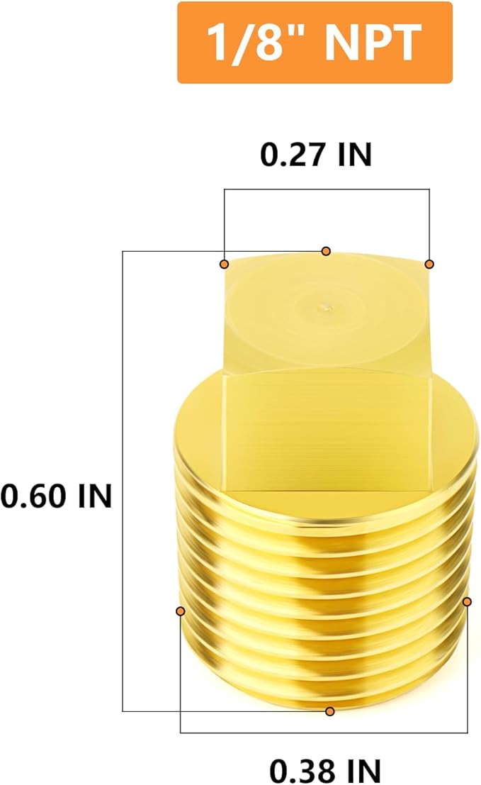 GASHER 10PCS Brass Square Plug 1/8" NPT Male Brass Drain Plug Pipe Fitting