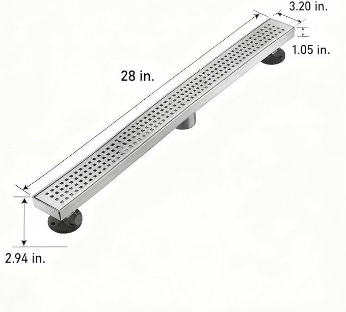 Linear Shower Floor Drain, Brushed Nickel 28 Inch 304 Stainless Steel Bathroom Drains Kit, Long Rectangular Shower Trench Drain with Square Pattern Drain Cover & Hair Catcher