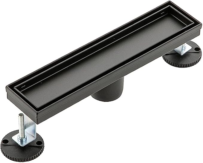 12 inch Linear Shower Drain with Removable Square Hole Panel by Using 304 Stainless Steel Process, Linear Drain Equipped with Adjustable Feet and Hair Strainer（Matte Black Color）