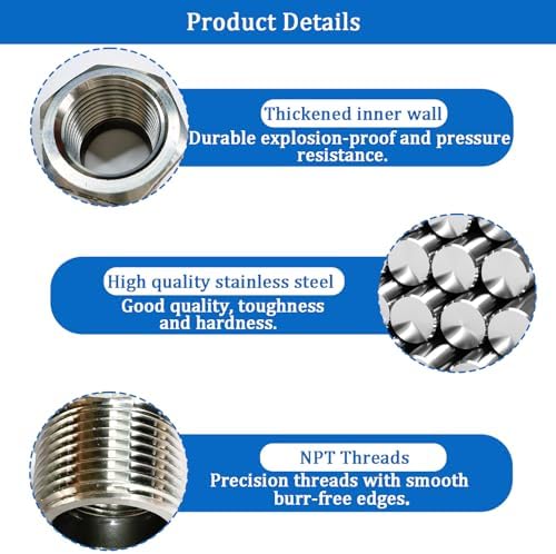 2 Pcs Stainless Steel Bushing 1" Male to 1/2" Female, 1" to 1/2" NPT Adapter Hex Stainless Steel Reducing Pipe Adapter Fitting Stainless Steel Fitting Pipe Hose Tube Adapter Convert