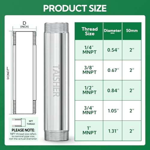 TAISHER 2Pcs 316 Thickened Nipple Cast Pipe,3/8" NPT Male, 2" Length
