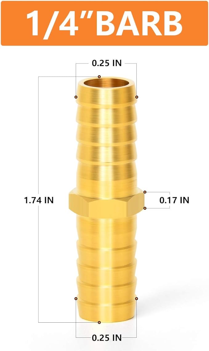 GASHER 20 Pieces Brass Hose Barb Reducer, 1/4 Inch to 1/4 Inch(6.35mm) Barb Hose ID with 40 Hose Clamp, Brass Barb Reducer SPLICER Fitting Fuel/AIR/Lquid/Oil/Gas/WOG