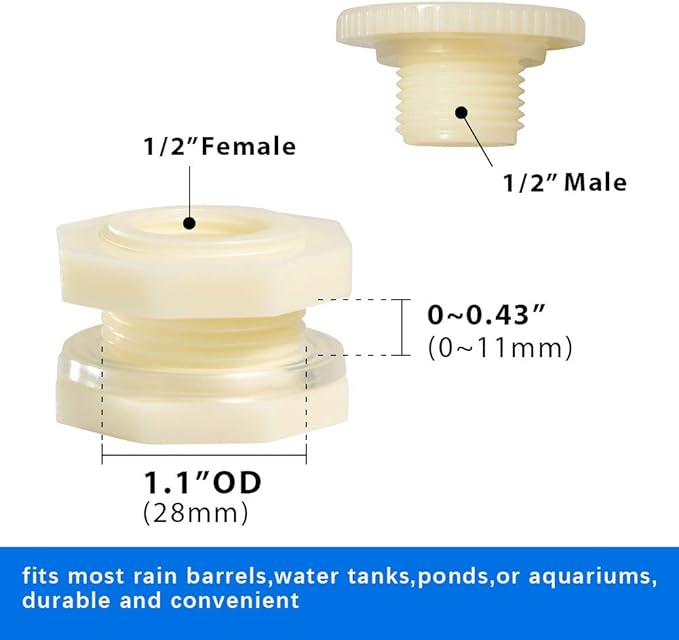 Quickun 1/2" ABS Bulkhead Water Tank Connector Adapter Fitting with Plugs Thru-Bulk Pipe Fitting (Set of 4)