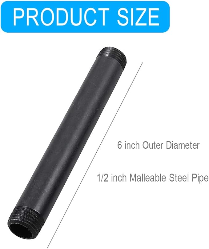 10 Pack 1/2 Inches x 6 Inches Black Malleable Steel Nipples Fitting, DIY Steampunk Industrial Vintage Style.