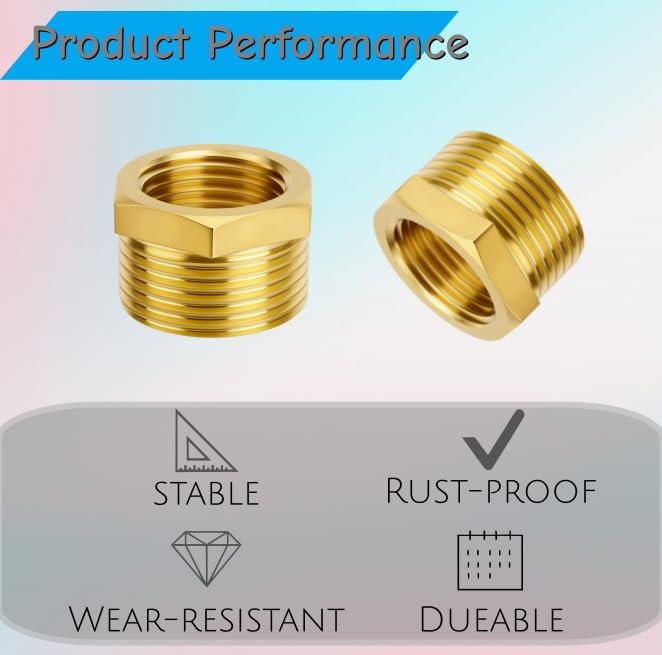 6pcs Brass Reducer Hex Bushing, 3/8" NPT Male to 1/4" NPT Female Heavy Duty Threaded Pipe Air Hose Fitting Reducer Adapter for gas,pipe,tube systems.