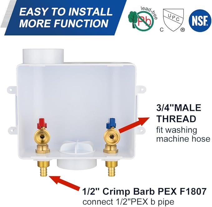 EFIELD Universal Washing Machine Outlet Box, 1/2-inch Pex Crimp Inlet x 3/4 inch MHT Outlet Connection, Center Drain,(WM048)