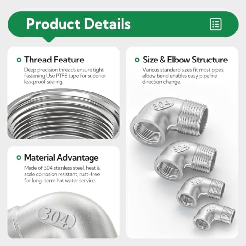TAISHER 5PCS 304 Stainless Steel 90 Degree elbow,1/2 Inch NPT Male Pipe to 1/2 Inch NPT Female 304 Stainless Pipe Fitting