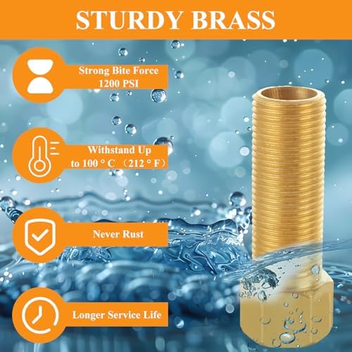 WOPPLXY 10 PCS Brass Pipe Fittings, 1/2" Female to 1/2" Male Pipe Longer Fitting Converter Adapter, Brass Extension Pipe Nipple Connector(Length 2.8 Inch/70 mm)