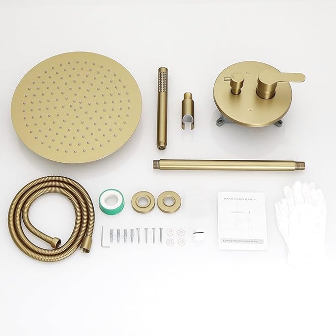 Brushed Gold Ceiling Mount Round Rain Shower System with 16 Inch Shower Head and Handheld Bathroom Shower Set Contain Shower Faucet Trim Kit (Mixer Valve Included)