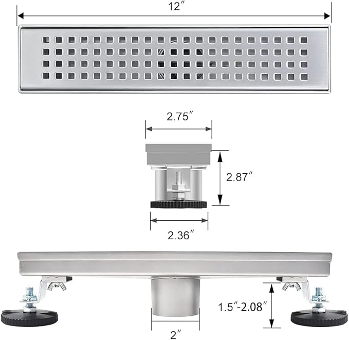 Linear Shower Drain, 12 inch Drain with Removable Grate Cover, Brushed 304 Stainless Steel Shower Floor Drain, Linear Drain with Hair Strainer and Adjustable Feet