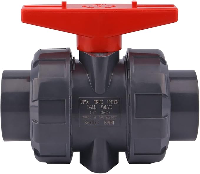 DERNORD PVC True Union Ball Valve with Full Port, EPDM O-Rings, and Reversible PTFE Seats,Rated at 200 PSI (1 1/2 inch Socket)