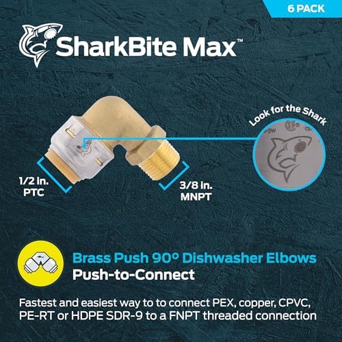 SharkBite Max 1/2 Inch x 3/8 Inch 90 Degree Dishwasher Elbow, MNPT, Pack of 6, Push to Connect Brass Plumbing Fitting, PEX Pipe, Copper, CPVC, PE-RT, HDPE, UR281