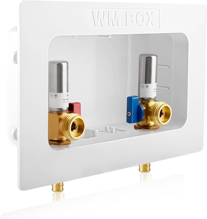 Washing Machine OutLet Box With Stainless Steel Water Hammer Arrestor,1/2 Inch Pex Crimp Inlet x 3/4 Inch MHT Outlet, F1807 Center Drain Laudry Box