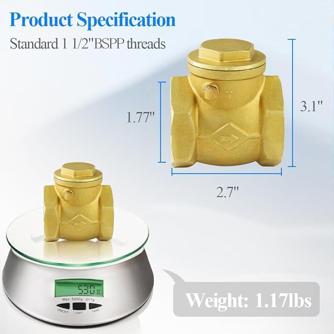 WiseWater 1 1/2" Brass Swing Check Valve, DN40, In-line, Horizontal, Non-Return