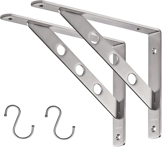 YUMORE Stainless Steel Shelf Bracket 10", Heavy Duty Solid Shelf Support Corner Brace Joint Right Angle Bracket, L Bracket with 2 S Hook, 2 Pack