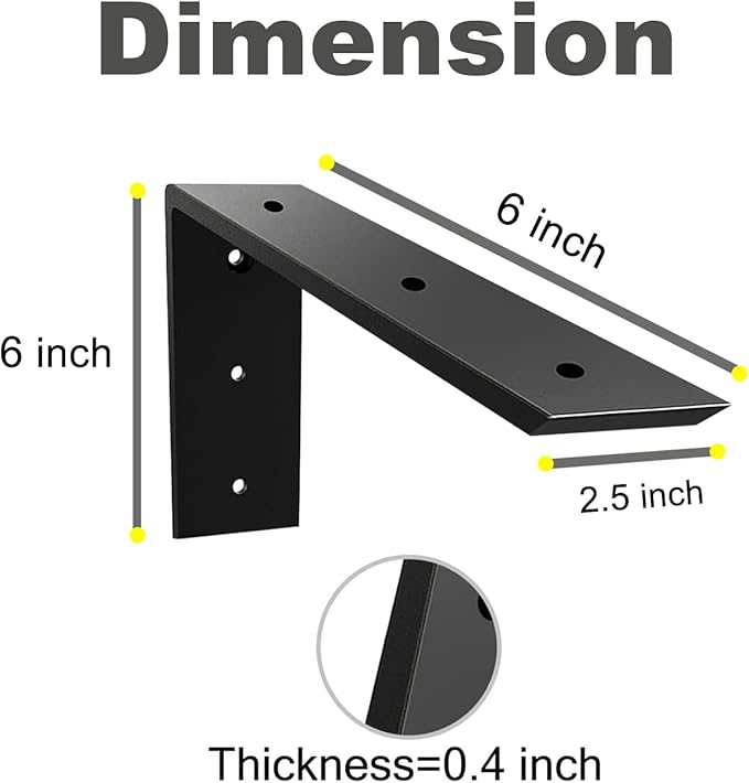 WINKER Countertop Support Bracket 2 Pack Heavy Duty 3/8" Thick Hidden L Shelf Bracket 6" x 6" x 2.5" Metal Corbels for Quartz/Granite/Wood/Concrete/Laminate Countertops, Black