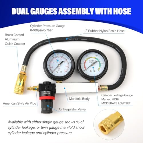TU-21 Engine Cylinder Leak Down Tester Kit, Automotive Engine Compression Leakage Test Kit for Cars Trucks Motorcycles (Blue)
