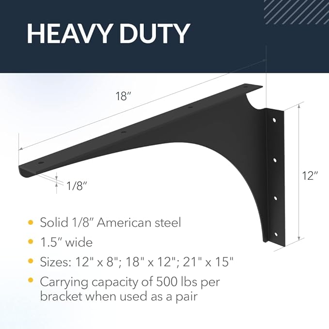 Iron Supports Universal Heavy-Duty Commercial Bracket - Industrial Support Brackets - Steel Mounting Bracket for Shelves, Vanities, Buffets, Desks (White - 18" Deep x 12" High, Left Hand)