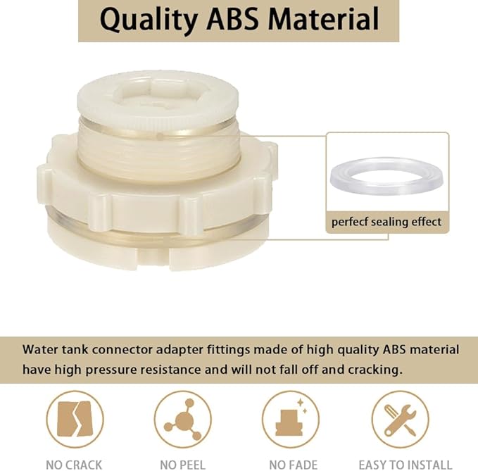 2" Female ABS Bulkhead Fitting, Plastic Water Tank Connector Adapter Fitting with Plugs for Outdoor rain Barrel Garden Hose Adapter Spigot kit Water Tank Gallon Drain Bucket(Set of 2)