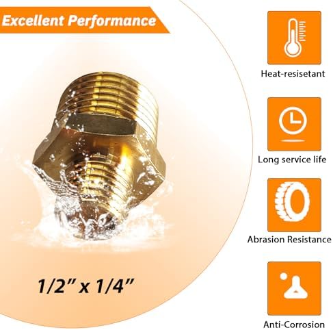 2pcs 1/2" NPT x 1/4" NPT Brass Nipple, 1/2 to 1/4 Adapter Fitting Reducing Solid Hex Brass Nipple, 1/2 Male to 1/2 Male Reducer Pipe Fittings for Extending and Connecting Pipes
