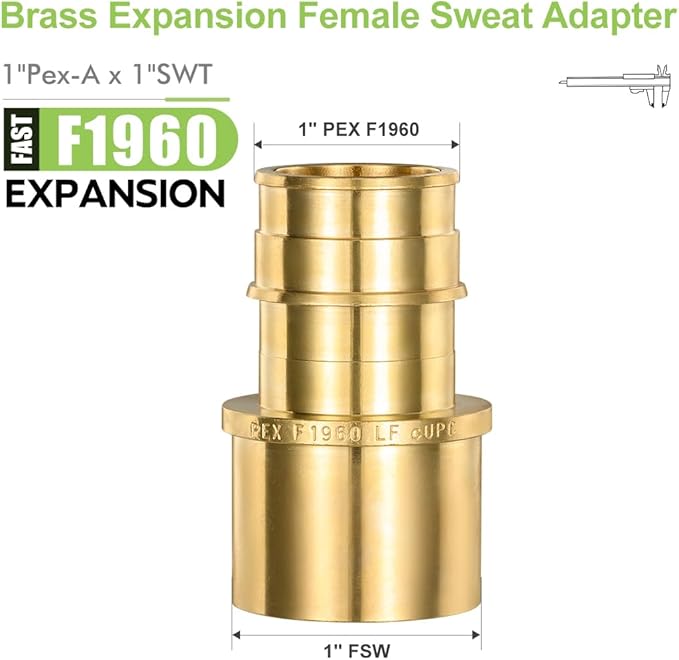 2 Pack Brass Expansion Female Sweat Adapter,1" Pex A Expansion x 1" Sweat Brass Expansion Fitting ONLY Full Flow For Pex-A Tubing Connection, NSF/ANSI 61 NSF 372 Certificate