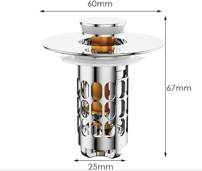 Bounce-Type Bathroom Sink Stopper with Drain Basket - 304 Stainless Steel & Solid Brass, 27-40mm Hole Fit, Odor-Proof Filter & Leak-Proof, Universal for Vanity Sinks/Washbasins