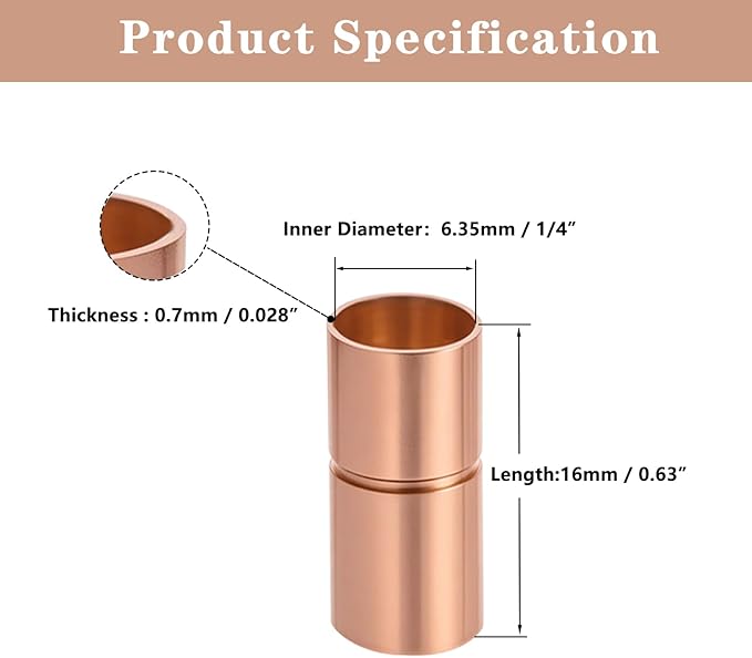 Straight Copper Coupling Fittings, 1/4 Inch Copper Pipe Welding Joint Connector Adapter for HVAC Air Conditioner, Sweat End Pipe Fitting with Rolled Tube Stop, Pack of 6