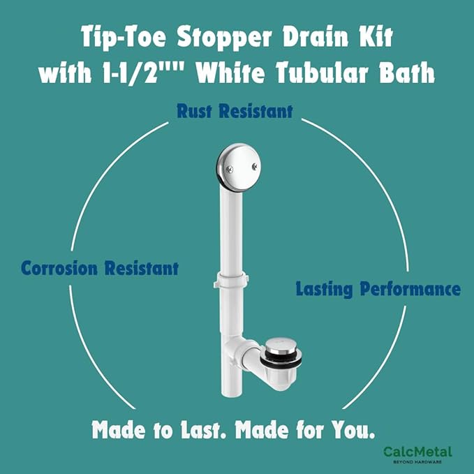 1-1/2"" White Tubular Bath Drain Kit with Tip-Toe Bath Drain Stopper, Touch-Toe Tub Drain, Tip Toe Bathtub Drain Waste and Overflow With Plug and Bathtub Overflow Drain Cover (Plated Chrome)