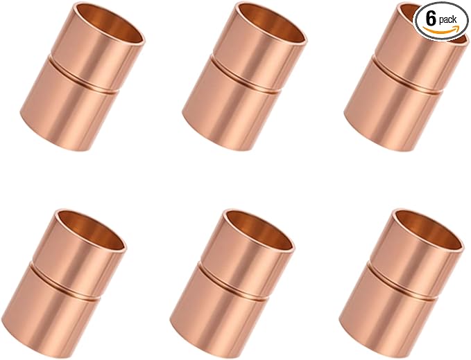 Straight Copper Coupling Fittings, 3/8 Inch Copper Pipe Welding Joint Connector Adapter for HVAC Air Conditioner, Sweat End Pipe Fitting with Rolled Tube Stop, Pack of 6
