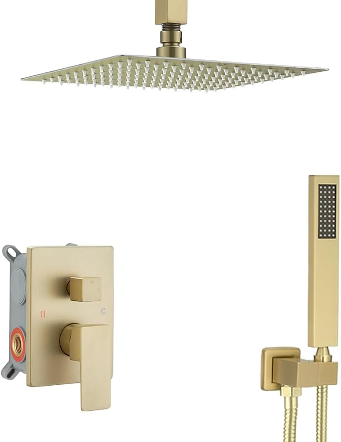 Shower System ‎Brushed Gold Bathroom 10 Inch Rain Shower Head Ceiling Mount with Handheld Luxury High Pressure Shower Combo Set Shower Faucet Rough-in Valve Body and Trim Kit