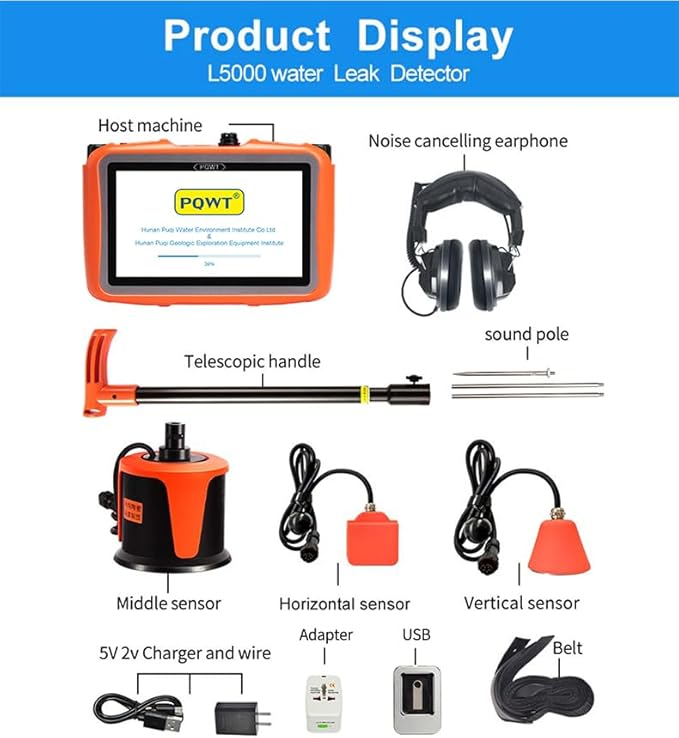 PQWT L5000 Professional Water Leak Detector Kit with 3 Sensors, Earphone, 5m Depth