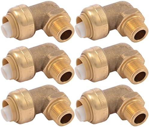 SharkBite 1/2 Inch x 3/8 Inch 90 Degree Dishwasher Elbow, MNPT, Pack of 6, Push to Connect Brass Plumbing Fitting, PEX Pipe, Copper, CPVC, PE-RT, HDPE, U281LF